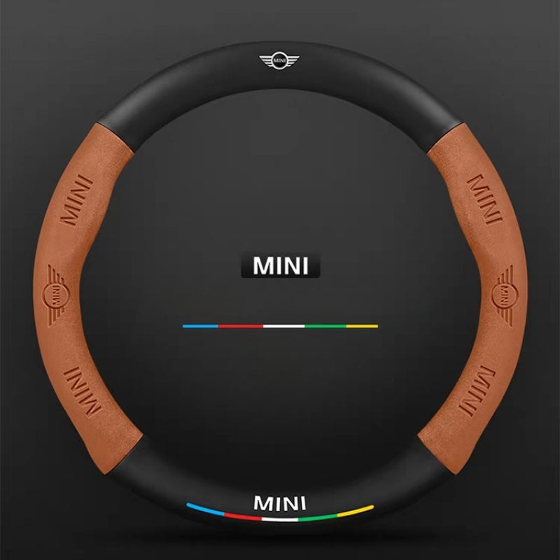Load image into Gallery viewer, BMW Mini Cooper Leather-Texture Suede Steering Wheel Cover – Non-Slip, Durable, Sporty Feel &amp; Steering Wheel Protection
