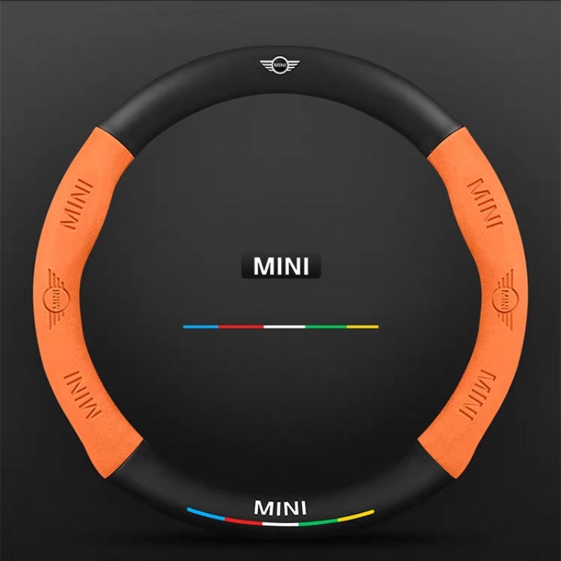 Load image into Gallery viewer, BMW Mini Cooper Leather-Texture Suede Steering Wheel Cover – Non-Slip, Durable, Sporty Feel &amp; Steering Wheel Protection
