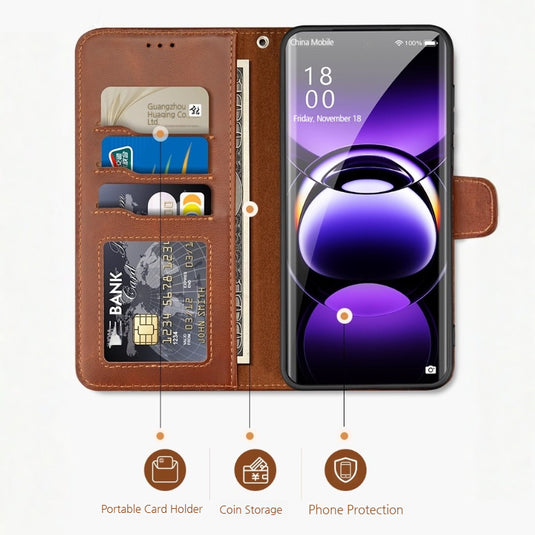 [With Card Slot] Oppo Find X9/Pro - Business Genuine Leather Flip Wallet Case