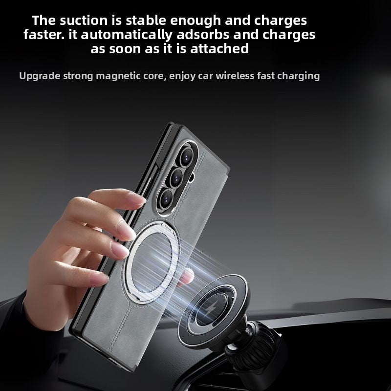 Load image into Gallery viewer, [Magsafe Compatible][Built-in Stand] Samsung Galaxy Z Fold7 - Unlon 360 Degree Rotating Stand Luxury Nappa-style Leather Foldable Magnetic Case
