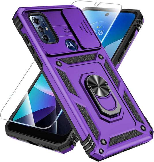 [Magnetic Ring Kickstand][Slide Camera Cover] Motorola Moto G Play 2023/Moto G Pure/Moto G Power 2022 - Shield Shockproof Rugged Heavy Duty Case With 2PC 9H Glass Screen Protector