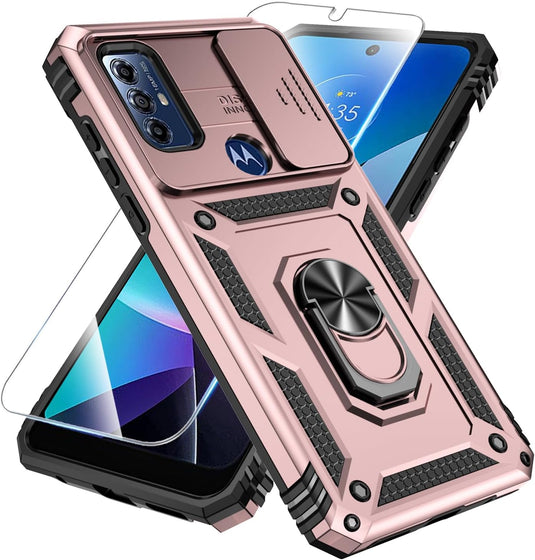 [Magnetic Ring Kickstand][Slide Camera Cover] Motorola Moto G Play 2023/Moto G Pure/Moto G Power 2022 - Shield Shockproof Rugged Heavy Duty Case With 2PC 9H Glass Screen Protector