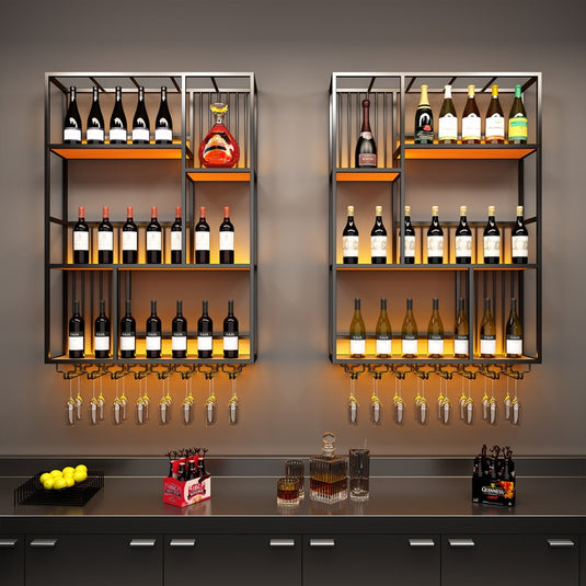 Modern Industrial Wall-Mounted Wine & Spirits Rack with LED Lighting and Hanging Wine Glass Holder - i-Station Mobile Phone & Electronic Device Repair and Accessories