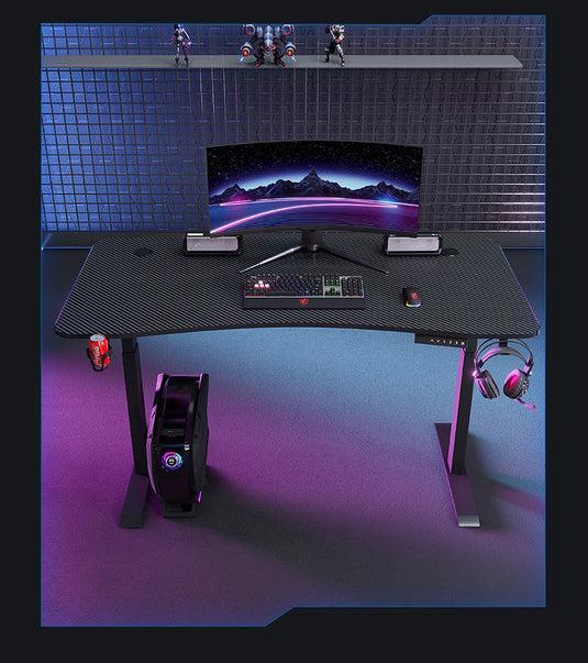 [Motorized Adjustable] Large Gaming Desk Table with RBG LED Lights Carbon Fiber Surface with Cup Holder & Headphone Hook - Polar Tech Australia