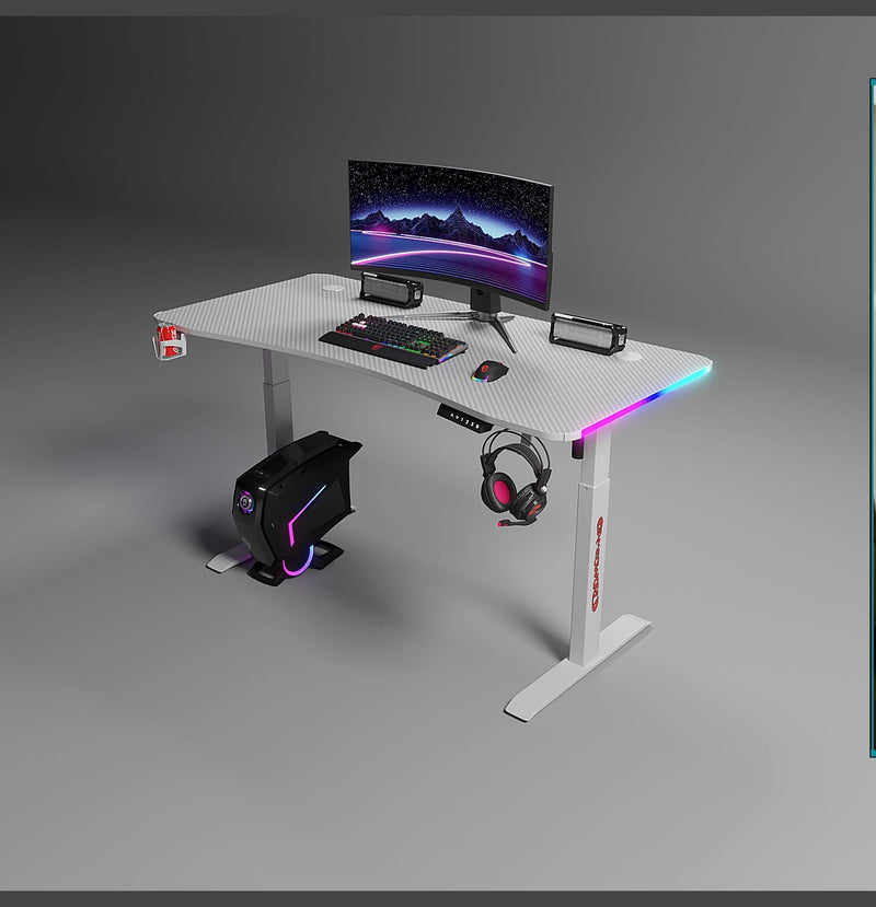 Load image into Gallery viewer, [Motorized Adjustable] Large Gaming Desk Table with RBG LED Lights Carbon Fiber Surface with Cup Holder &amp; Headphone Hook - Polar Tech Australia
