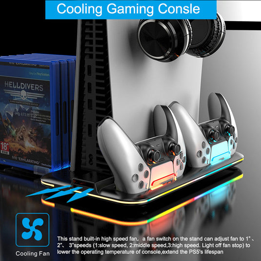 SONY PlayStation 5 / PS5 All-in-one Multifunction Charging Stand with Cooling Fan & RBG Light Effect & Disc Storage - Polar Tech Australia