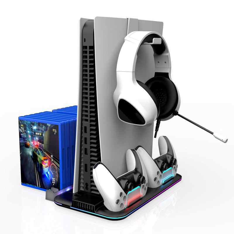 Load image into Gallery viewer, SONY PlayStation PS5 Slim &amp; PS5 Pro - All-in-one Multifunction Charging Stand with Cooling Fan &amp; RBG Light Effect &amp; Disc Storage
