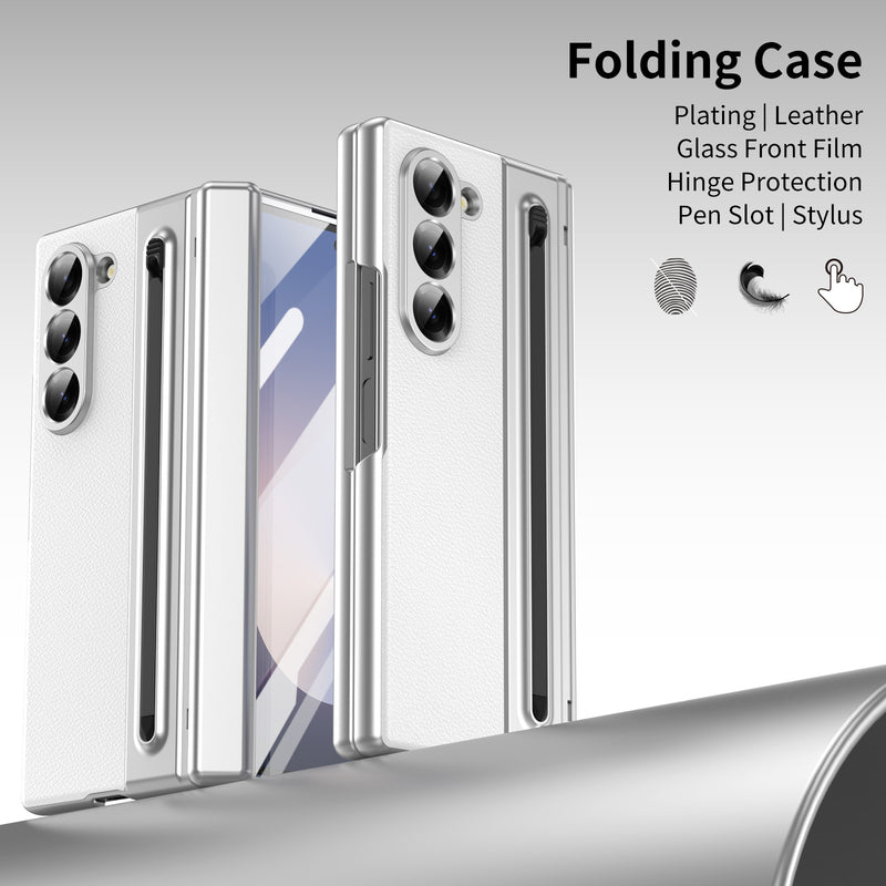Load image into Gallery viewer, [Built-in Card Slot] Samsung Galaxy Z Fold7 Folding Electroplated PU Leather Case with Tempered Glass Screen Protector
