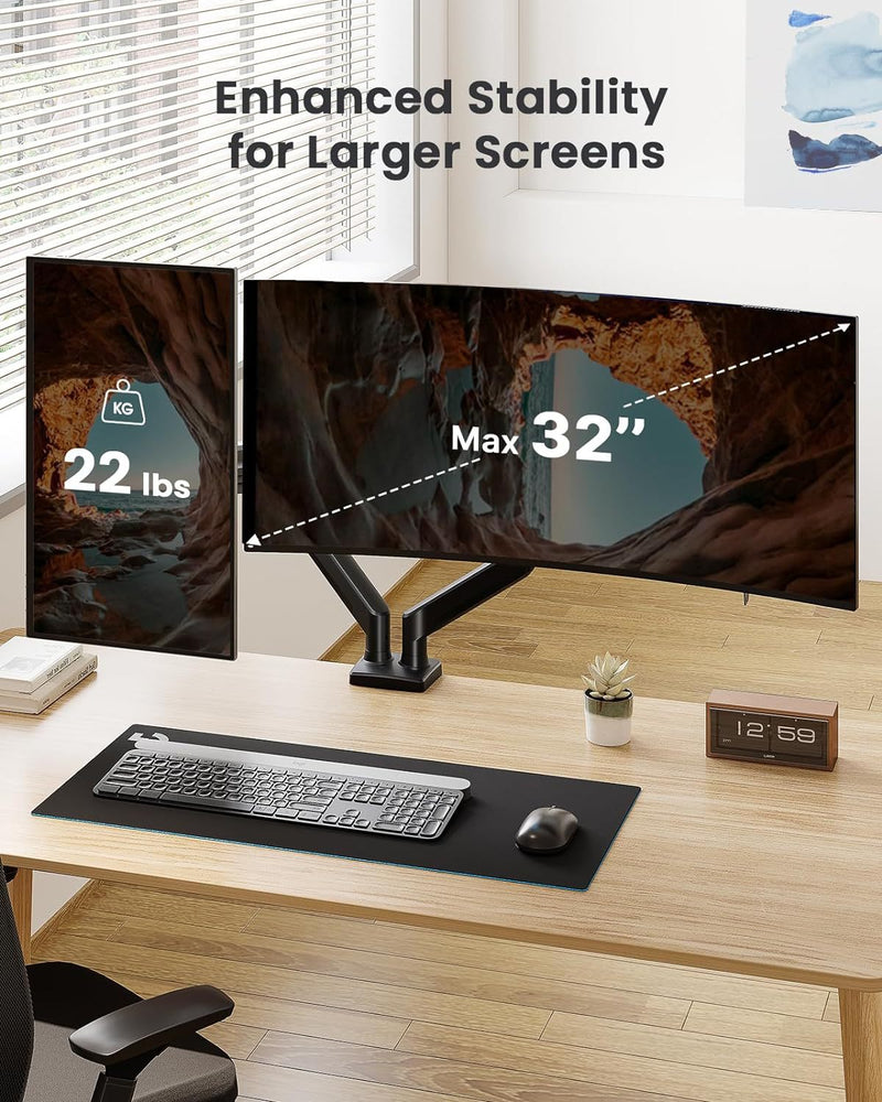 Load image into Gallery viewer, Dual Monitor 360° rotate Stand for Desk, Adjustable Gas Spring Double Monitor Mount Holds Max Load 22 lbs and 13-32 Inch Screens, Monitor Arms for 2 Monitors with C-clamp&amp; Grommet
