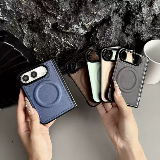 [MagSafe Compatible] Apple iPhone Ultra Foldable Series Hinge Protection Magnetic Shockproof Leather-Texture Protective Case