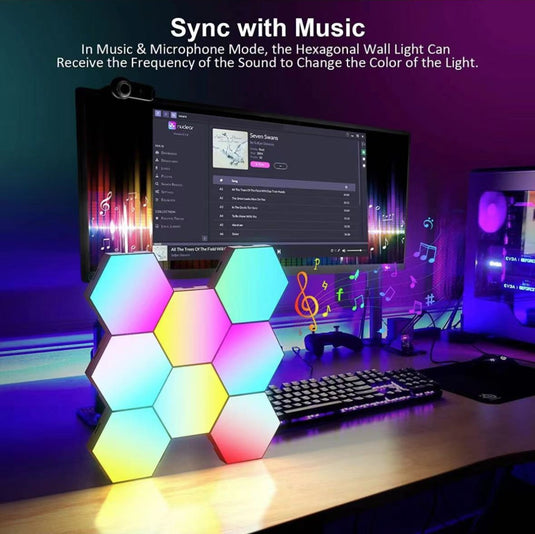 Hexagon RGB LED Smart Light Panels Punch-Free With App Control Gaming Lights Music Sync Hexagon Wall LED Lights DIY Geometry Ambience Lighting for Gaming Room Bedroom Streaming, 6 Panels