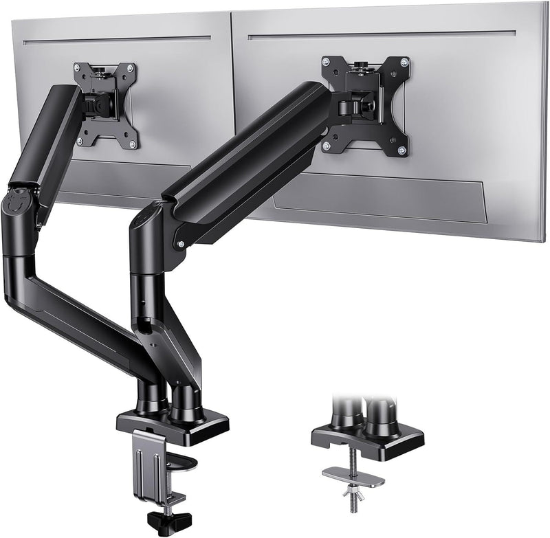 Load image into Gallery viewer, Dual Monitor 360° rotate Stand for Desk, Adjustable Gas Spring Double Monitor Mount Holds Max Load 22 lbs and 13-32 Inch Screens, Monitor Arms for 2 Monitors with C-clamp&amp; Grommet
