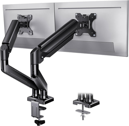 Dual Monitor 360° rotate Stand for Desk, Adjustable Gas Spring Double Monitor Mount Holds Max Load 22 lbs and 13-32 Inch Screens, Monitor Arms for 2 Monitors with C-clamp& Grommet