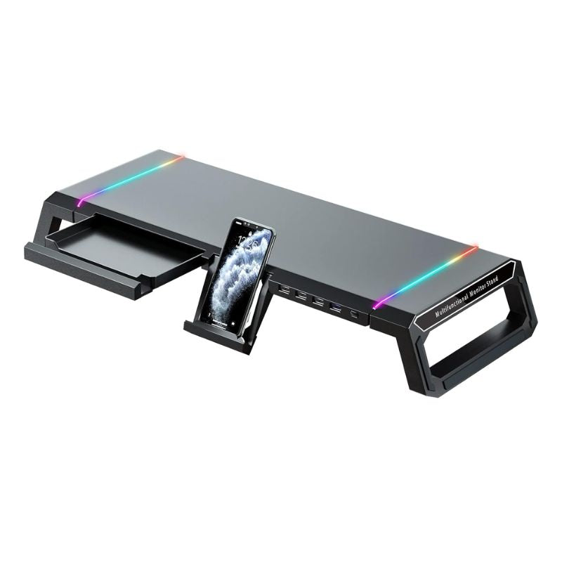 Load image into Gallery viewer, RGB Gaming Computer Monitor Stand Riser with Drawer,Storage and Phone Holder - 1 USB 3.0 and 3 USB 2.0 Hub, 3 Length Adjustable
