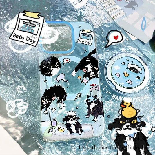 [MagSafe Compatible] Apple iPhone 15/Pro/Pro Max Banana Fish "Kitten's Bath Time" Illustrated Frosted Protective Case