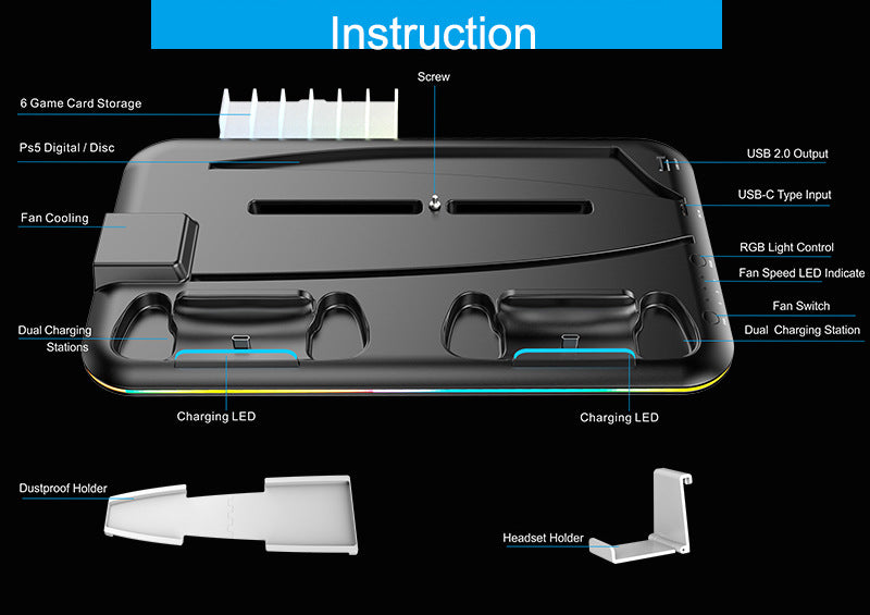 Load image into Gallery viewer, SONY PlayStation 5 / PS5 All-in-one Multifunction Charging Stand with Cooling Fan &amp; RBG Light Effect &amp; Disc Storage - Polar Tech Australia
