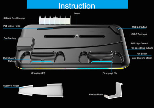 SONY PlayStation 5 / PS5 All-in-one Multifunction Charging Stand with Cooling Fan & RBG Light Effect & Disc Storage - Polar Tech Australia