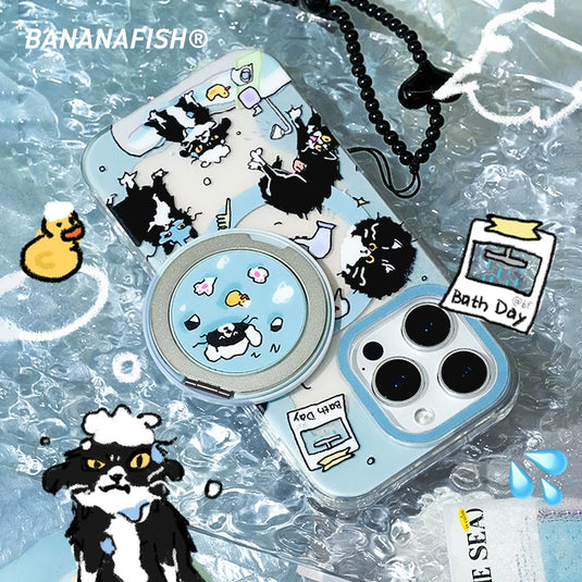 [MagSafe Compatible] Apple iPhone 15/Pro/Pro Max Banana Fish "Kitten's Bath Time" Illustrated Frosted Protective Case