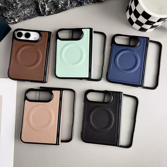 [MagSafe Compatible] Apple iPhone Ultra Foldable Series Hinge Protection Magnetic Shockproof Leather-Texture Protective Case