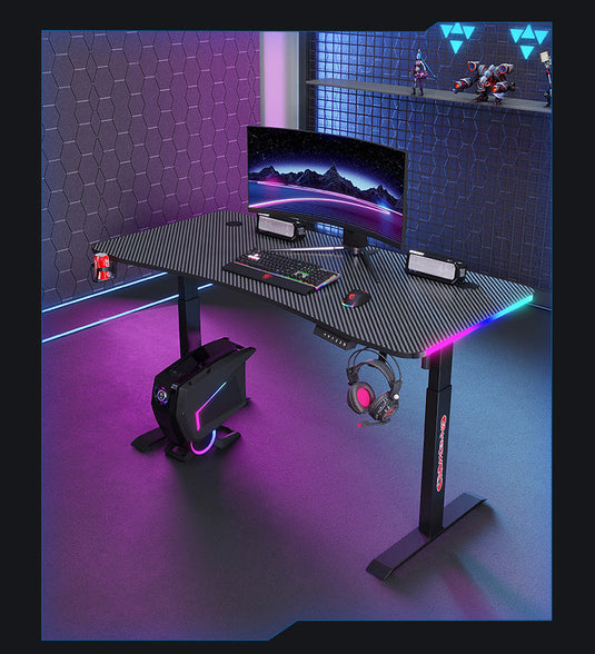 [Motorized Adjustable] Large Gaming Desk Table with RBG LED Lights Carbon Fiber Surface with Cup Holder & Headphone Hook - Polar Tech Australia