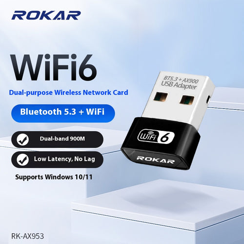 ROKAR WiFi 6 + Bluetooth 5.3 Dual-Band USB Adapter - 900Mbps Wireless Network Card for Desktop and Laptop