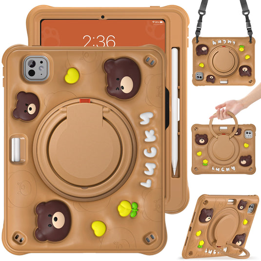 Apple iPad Air 4/5 10.9'' 4/5th Gen & Pro 11-inch 1st/2nd/3rd/4th Gen 3D Cartoon Silicone Rugged 360°Rotating Hand Strap Stand Case