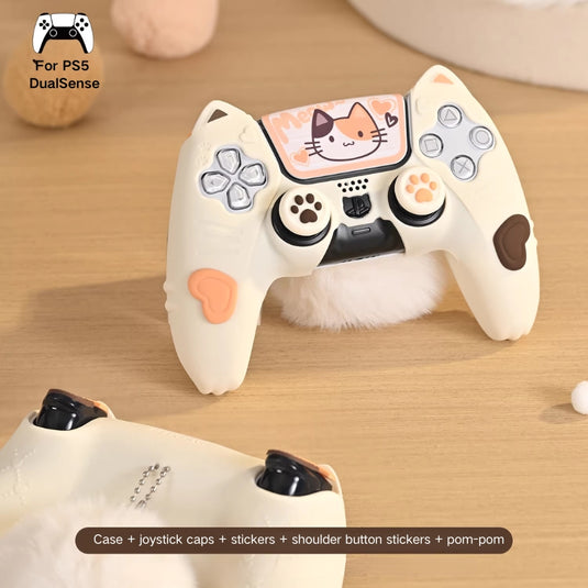 PlayStation PS5 DualSense Controller Silicone Protective Case with Calico Cat Ears – Cute Design for Kids
