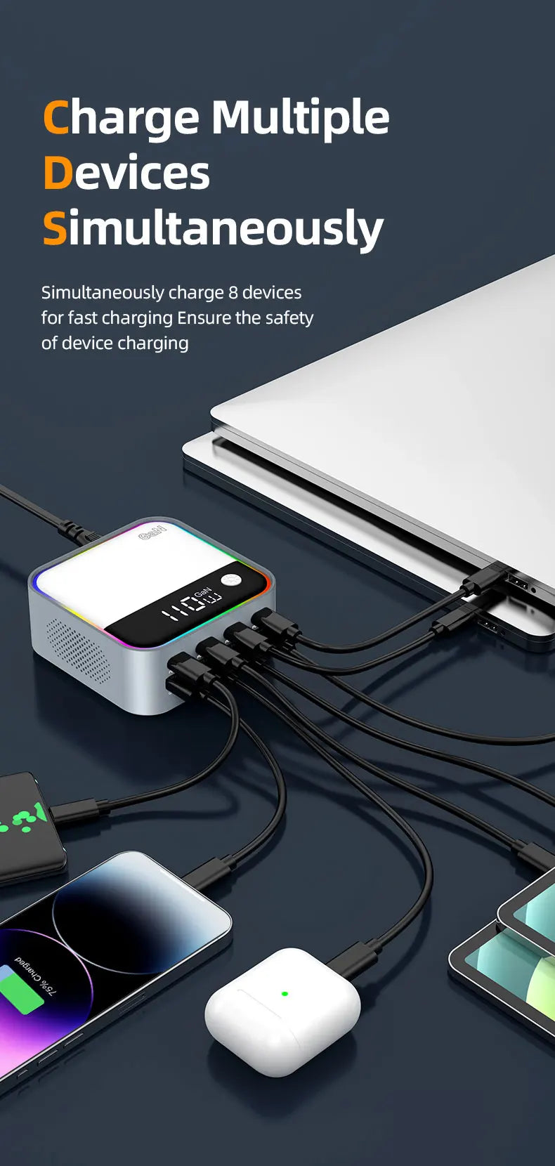 Load image into Gallery viewer, [120W GaN][RGB Light] Universal Phone Tablet Laptop MacBook PD+QC 8 Ports USB Type-C Wall Charger Desktop Home Office Charging Station Power Adapter (AU Plug) - Polar Tech Australia
