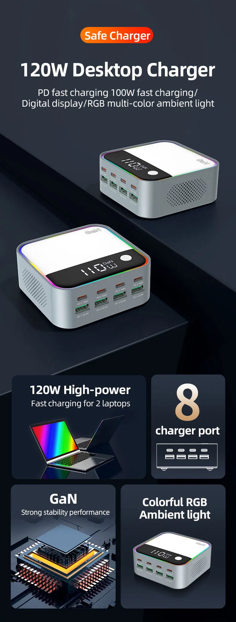 Load image into Gallery viewer, [120W GaN][RGB Light] Universal Phone Tablet Laptop MacBook PD+QC 8 Ports USB Type-C Wall Charger Desktop Home Office Charging Station Power Adapter (AU Plug) - Polar Tech Australia
