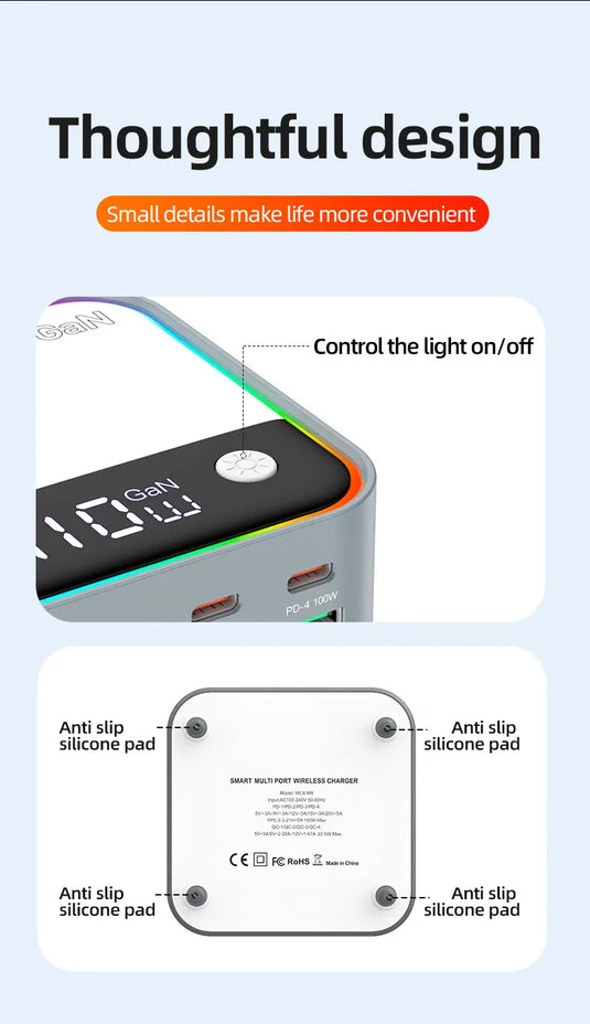 [120W GaN][RGB Light] Universal Phone Tablet Laptop MacBook PD+QC 8 Ports USB Type-C Wall Charger Desktop Home Office Charging Station Power Adapter (AU Plug) - Polar Tech Australia