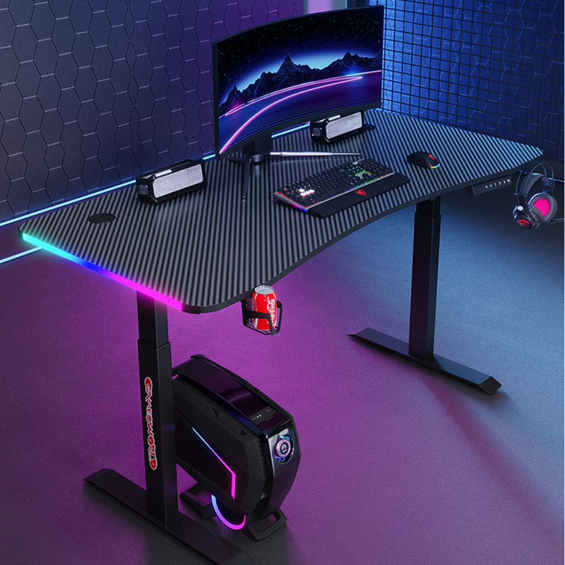 Load image into Gallery viewer, [Motorized Adjustable] Large Gaming Desk Table with RBG LED Lights Carbon Fiber Surface with Cup Holder &amp; Headphone Hook - Polar Tech Australia
