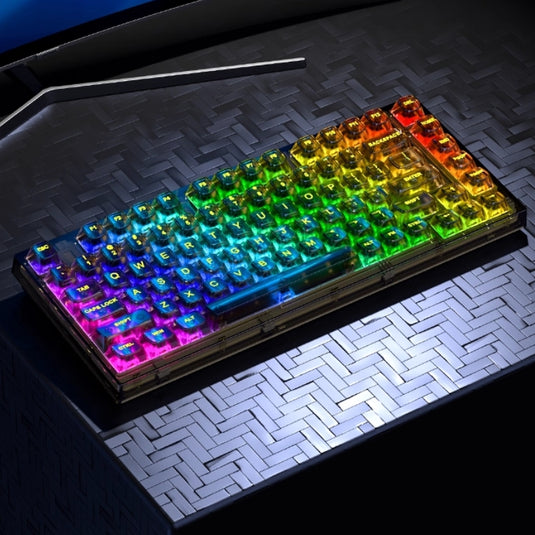 Xinmeng Triple-Mode Mechanical Keyboard – 82-Key Compact Layout, Crystal Transparent Keycaps, Linear White Jade / Ice Salt Switches, RGB Backlight, Wired / Bluetooth / 2.4G Wireless X75