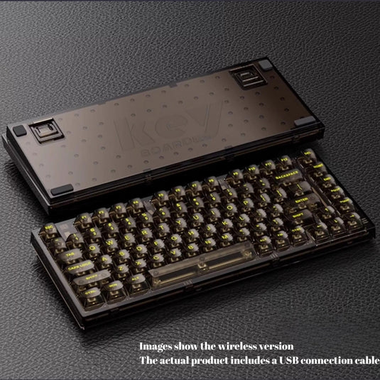 Xinmeng Triple-Mode Mechanical Keyboard – 82-Key Compact Layout, Crystal Transparent Keycaps, Linear White Jade / Ice Salt Switches, RGB Backlight, Wired / Bluetooth / 2.4G Wireless X75