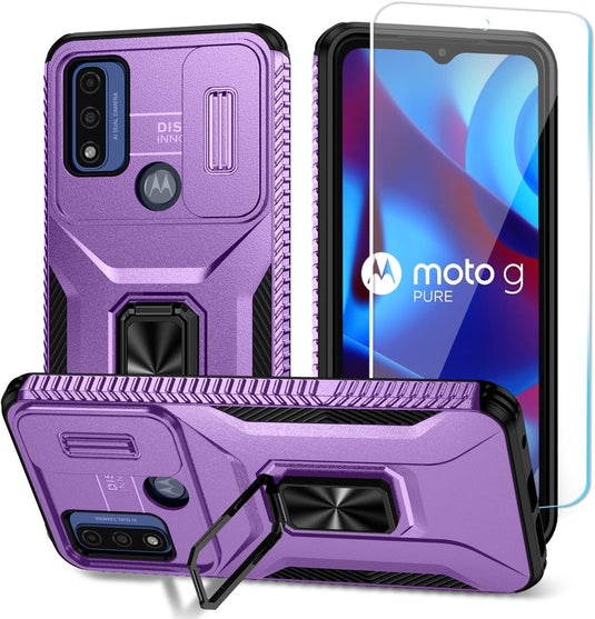 [Magnetic Ring Kickstand][Slide Camera Cover] Motorola Moto G Play 2023/Moto G Pure/Moto G Power 2022 - Shield Shockproof Rugged Heavy Duty Case With 2PC 9H Glass Screen Protector