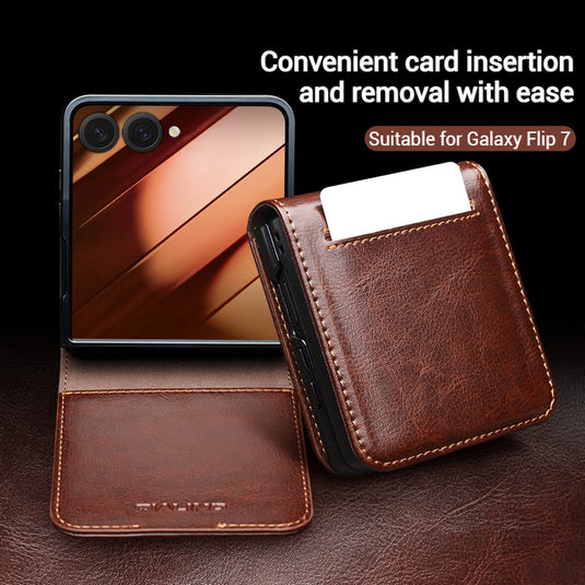 [Built-in Card Slot] Samsung Galaxy Z Flip7 Premium Genuine Leather Wallet Protective Case