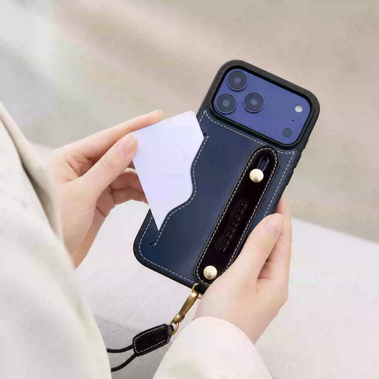 [With Card Slot] Apple iPhone 17 & 17e & Air & Pro & Pro Max - HANATORA Business Premium Genuine Leather Phone Case with Contrast Wrist Strap