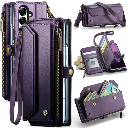Samsung Galaxy Z Fold7  (SM-F966) - Zipper Style Crossbody PU Leather Wallet Series Stand Case With Lanyard