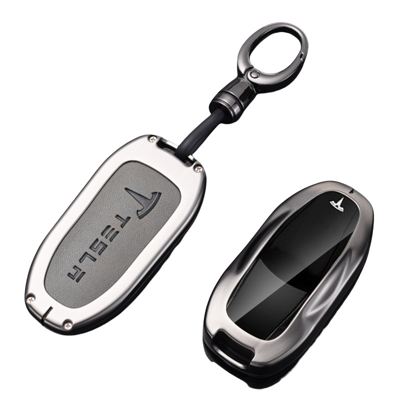 Load image into Gallery viewer, Tesla Full Aluminum Alloy + TPU Film &amp; PU Leather Cover Car Key Fob Case for Model S, Model X - i-Station Mobile Phone &amp; Electronic Device Repair and Accessories
