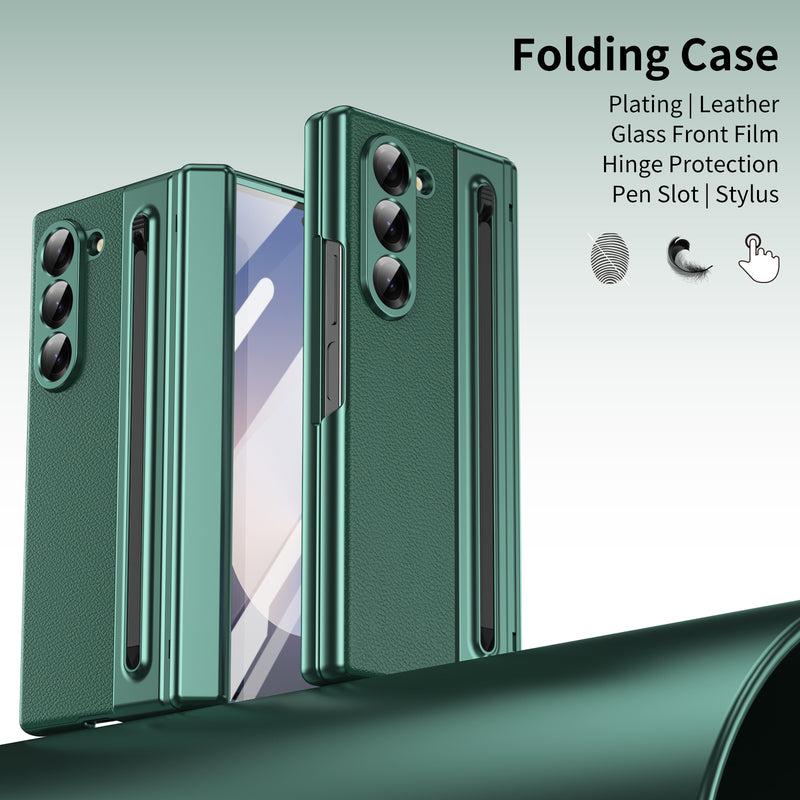 Load image into Gallery viewer, [Built-in Card Slot] Samsung Galaxy Z Fold7 Folding Electroplated PU Leather Case with Tempered Glass Screen Protector
