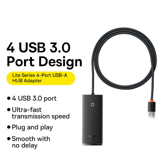 Baseus Lite Series 4-Port USB-A HUB Adapter (USB-A to USB 3.0*4 ) 1m - Black