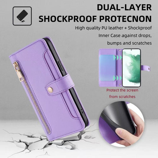 [With Card Slot] Samsung Galaxy S26/Plus/Ultra - Multi-Function Flip Leather Zipper Wallet Case With Wrist & Shoulder Strap - i-Station Mobile Phone & Electronic Device Repair and Accessories