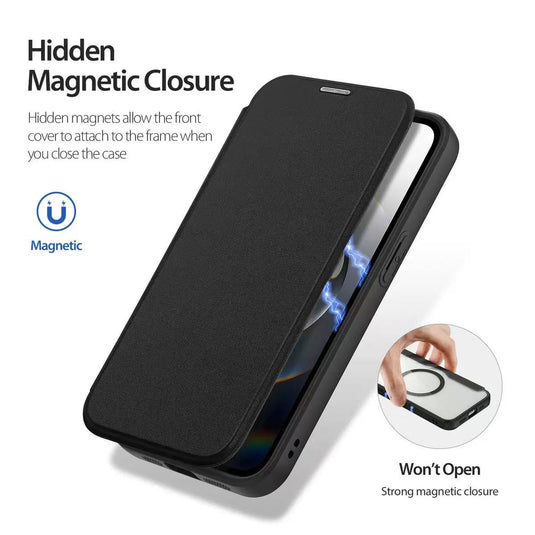 [With Card Slot][Magsafe Compatible] Apple iPhone 16e & 17e - Magnetic Catch Transparent Flip PU Leather Wallet Series Case