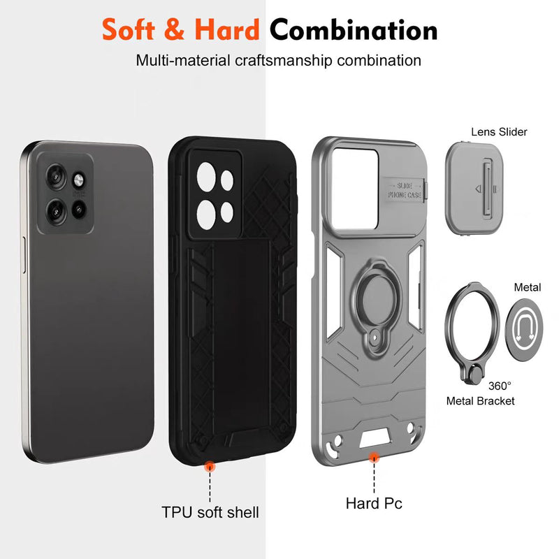 Load image into Gallery viewer, [Built-in Ring Bracket][With Slide Lens Cover] Motorola Moto G34 Mecha-style Anti-slip Protective Hard Heavy Duty Series Case
