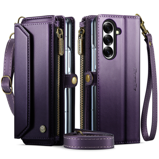 Samsung Galaxy Z Fold7  (SM-F966) - Zipper Style Crossbody PU Leather Wallet Series Stand Case With Lanyard