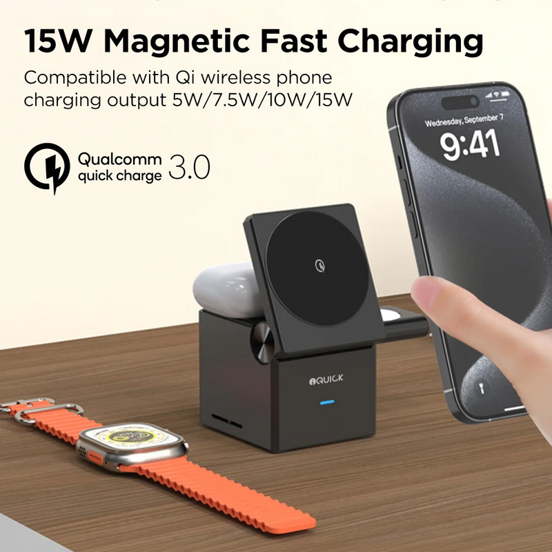 Load image into Gallery viewer, iQuick CUBE T1 3 in 1 Foldable Wireless Charger Stand Galaxy/ Apple Watch Pads
