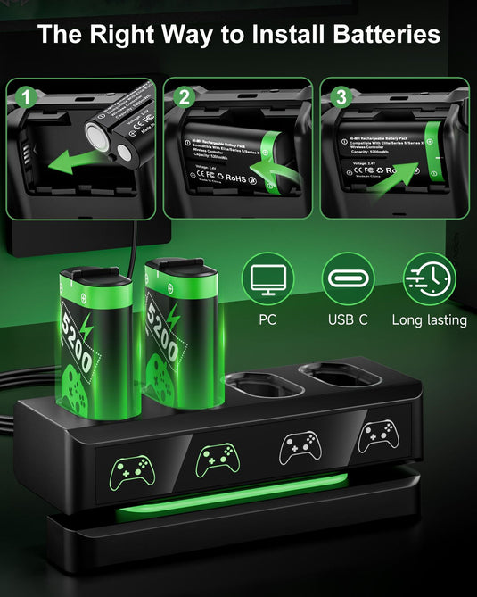 Xbox / Xbox One / Xbox Series X/S Game Controller Battery Charging Base Station with 4 x 2200mAh Batteries