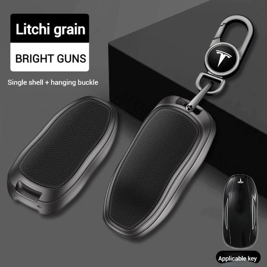 Tesla Metallic Finish + Lychee Pattern Car Key Fob Case for Model 3, Y, X, S