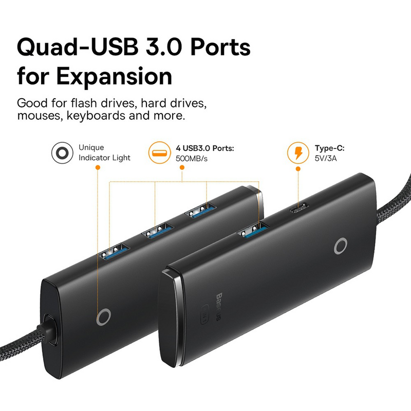 Load image into Gallery viewer, Baseus Hub Lite Series 4 Port USB HUB (USB 3.0 X 4 200cm) WKQX030201 - Black
