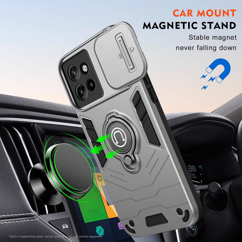 Load image into Gallery viewer, [Built-in Ring Bracket][With Slide Lens Cover] Motorola Moto G34 Mecha-style Anti-slip Protective Hard Heavy Duty Series Case
