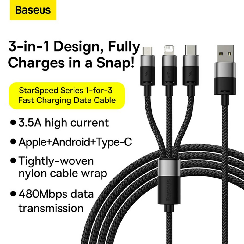 Load image into Gallery viewer, Baseus StarSpeed 1-for-3 Fast Charging Data Cable USB to M+L+C 3.5A 1.2m
